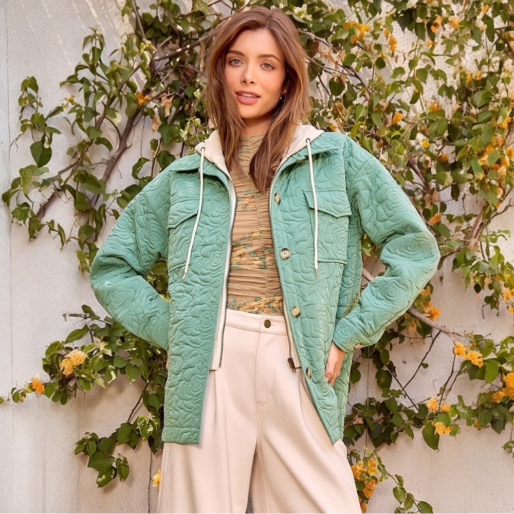 Twofer Seafoam Green Quilted Jacket Floral Stitch Cozy Layer